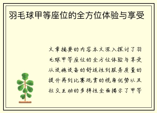 羽毛球甲等座位的全方位体验与享受